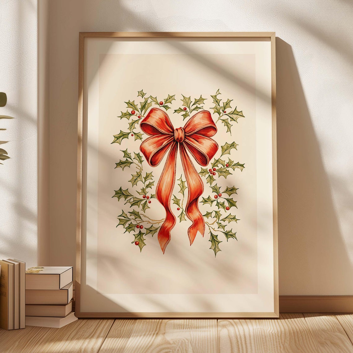 Vintage Red Bow And Holly Wreath Cozy Christmas Holiday Poster