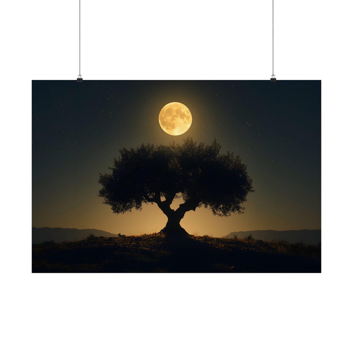 Lone Olive Tree Silhouette Beneath Full Moon Starry Night Poster