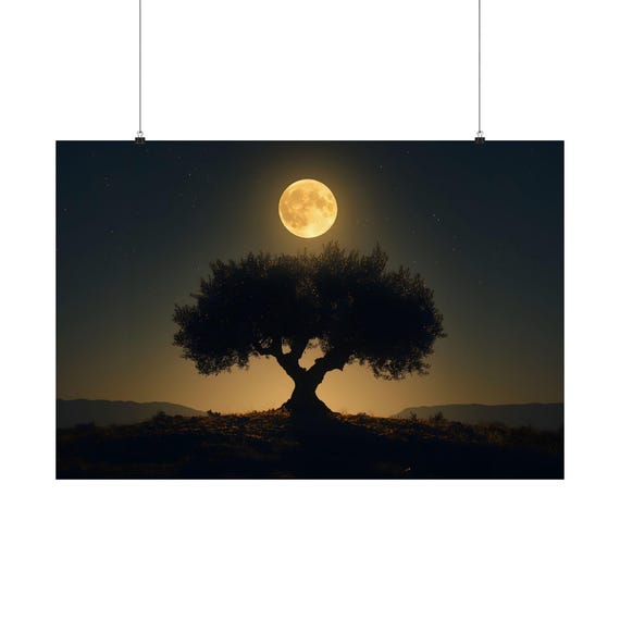 Olive Tree Full Moon Night Sky Poster Print Evening Landscape Modern Painting Fantasy Nature Rustic Wall Print Airbnb Art Wall Decor
