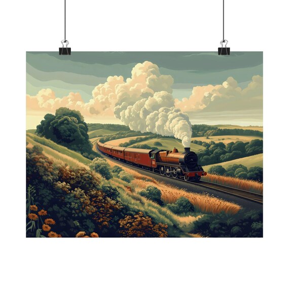 Vintage Steam Train Crossing Rolling Green Countryside Hills Poster