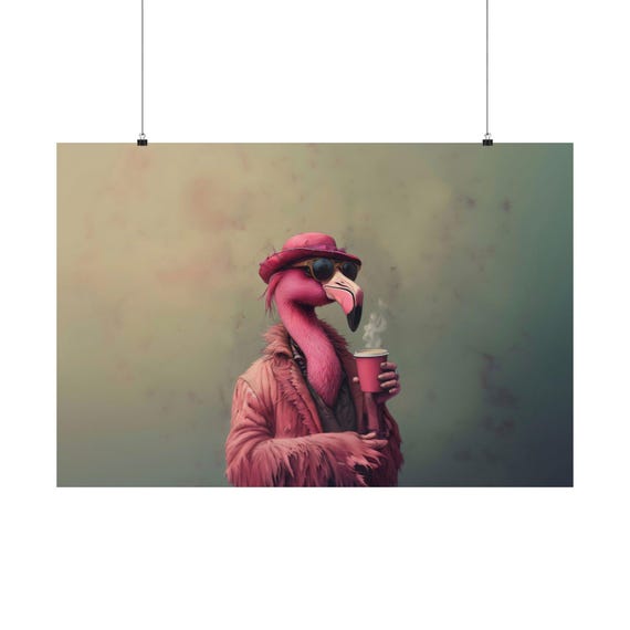 Hipster Flamingo Coffee Maximalist Eclectic Victorian Poster Print Bold Altered Party Animal Portrait Fantasy Colorful Renaissance Rustic