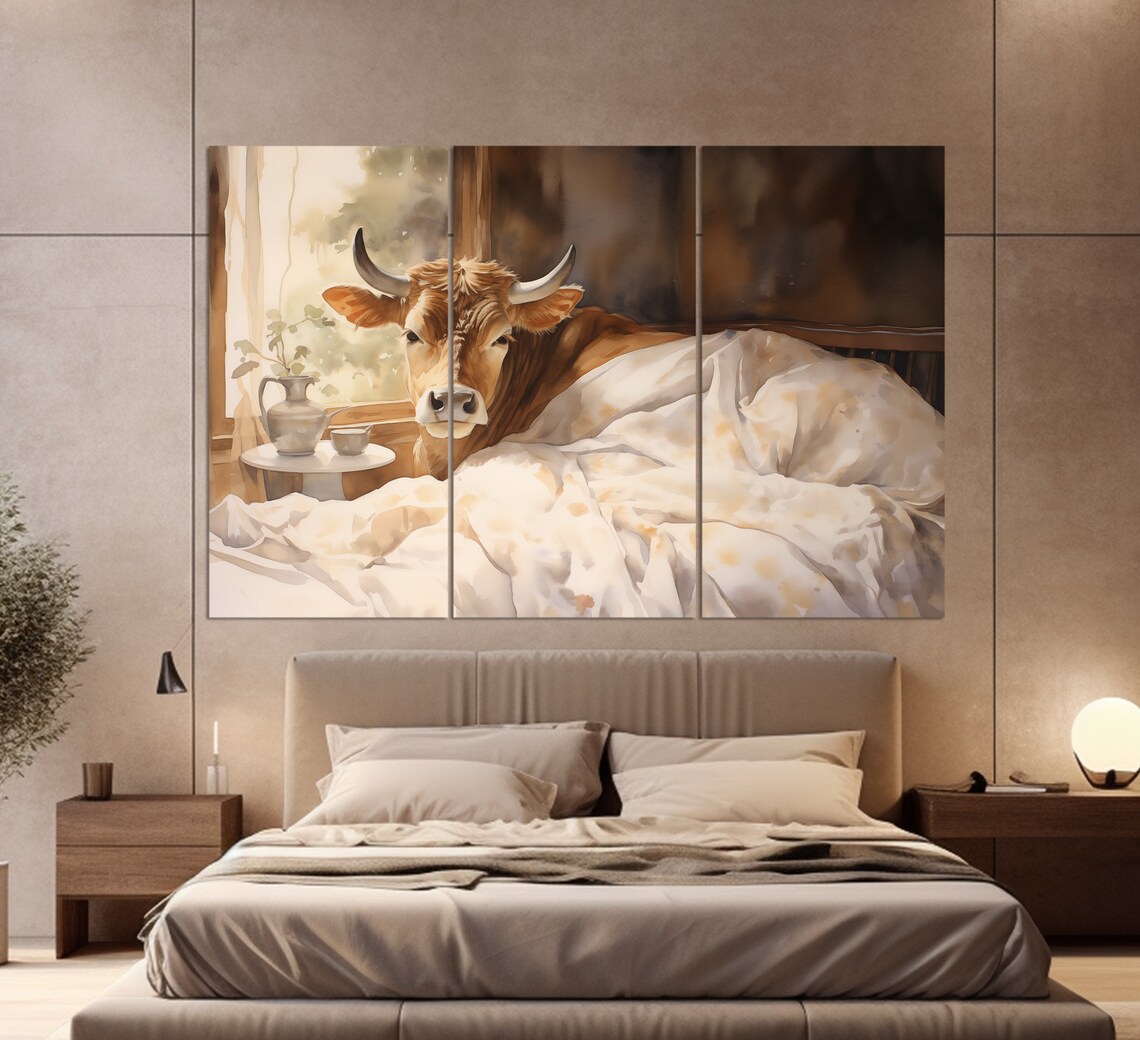 Brown Cow Tucked Under Cozy White Blanket Funny Farmhouse Art Poster - Image 3