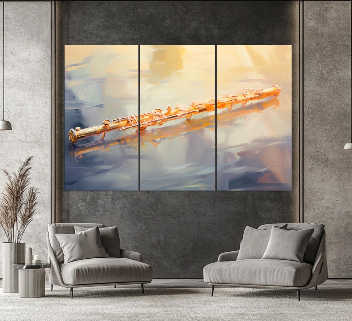 Golden Flute Reflection Soft Abstract Watercolor Music Instrument Art Print - Image 2