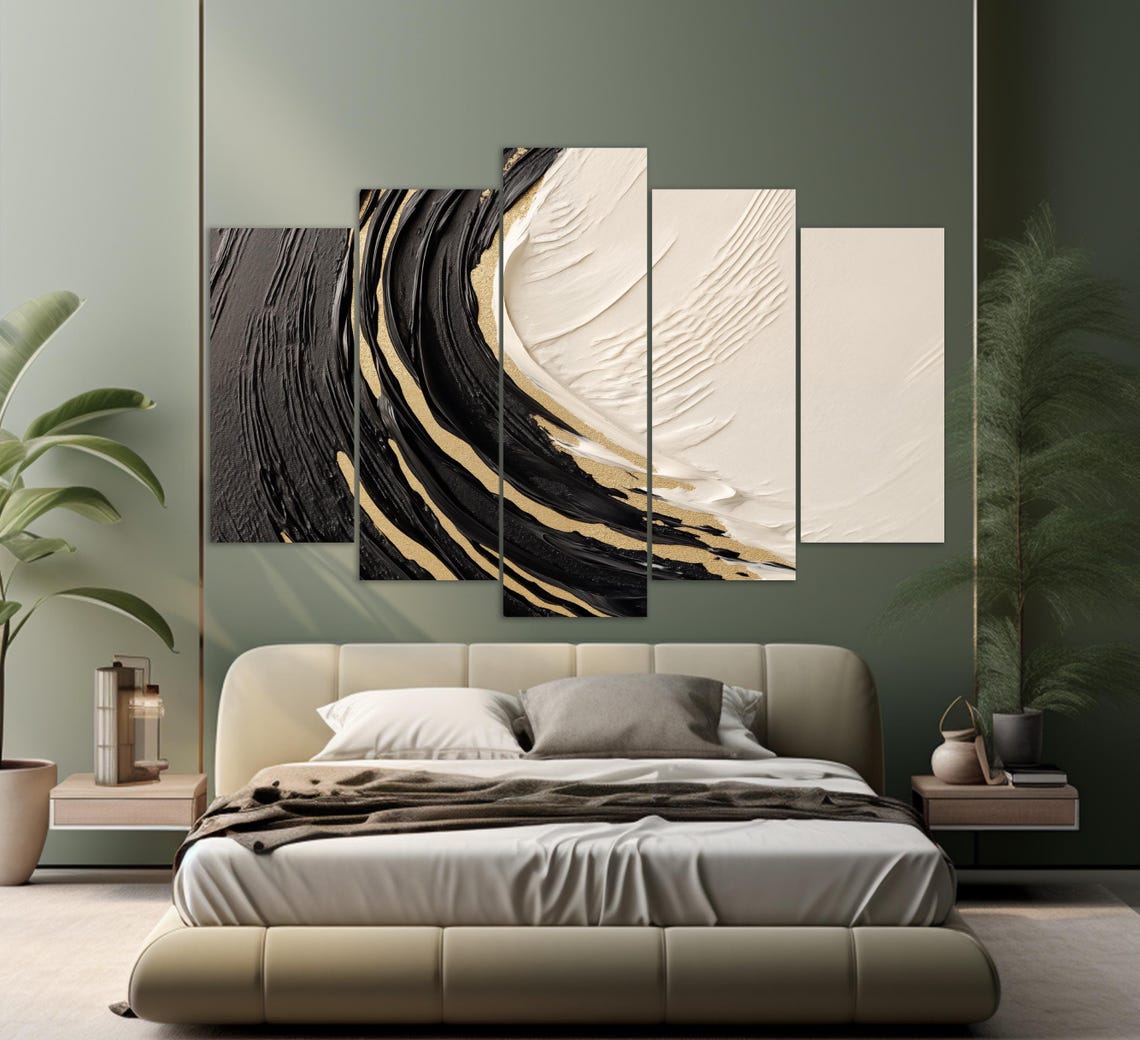 Black Beige Gold Abstract Wave Textured Modern Luxury Wall Art Print - Image 2