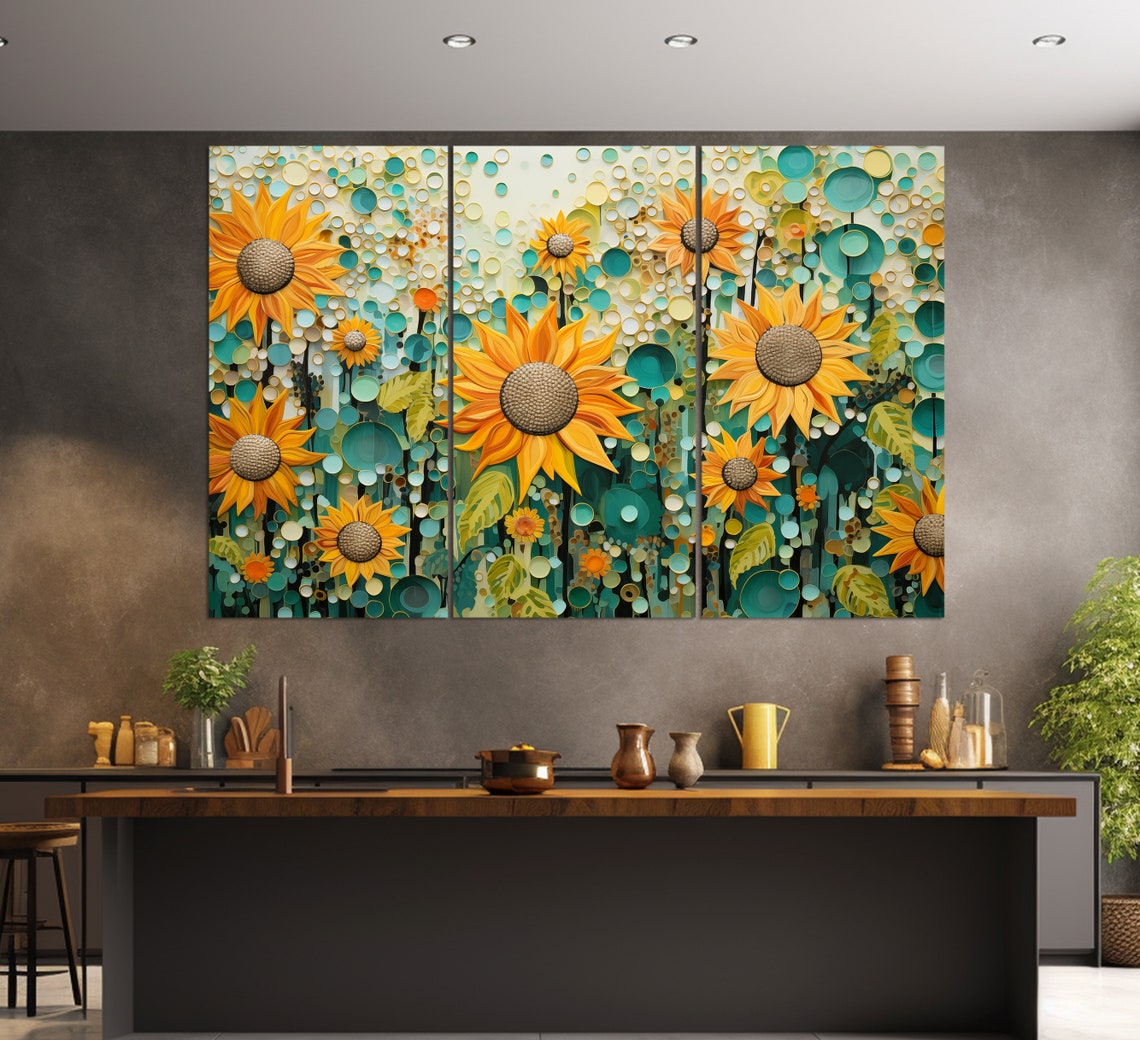Abstract Sunflowers Painting Teal And Gold Modern Floral Wall Art - Image 3