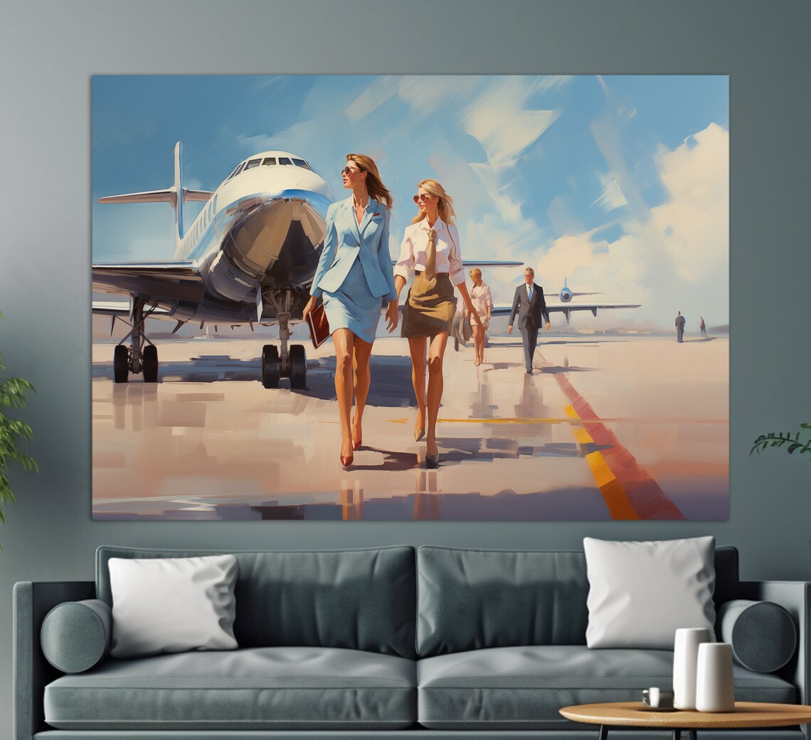 Confident Businesswomen Walking Private Jet Airport Tarmac Painting Print - Image 2