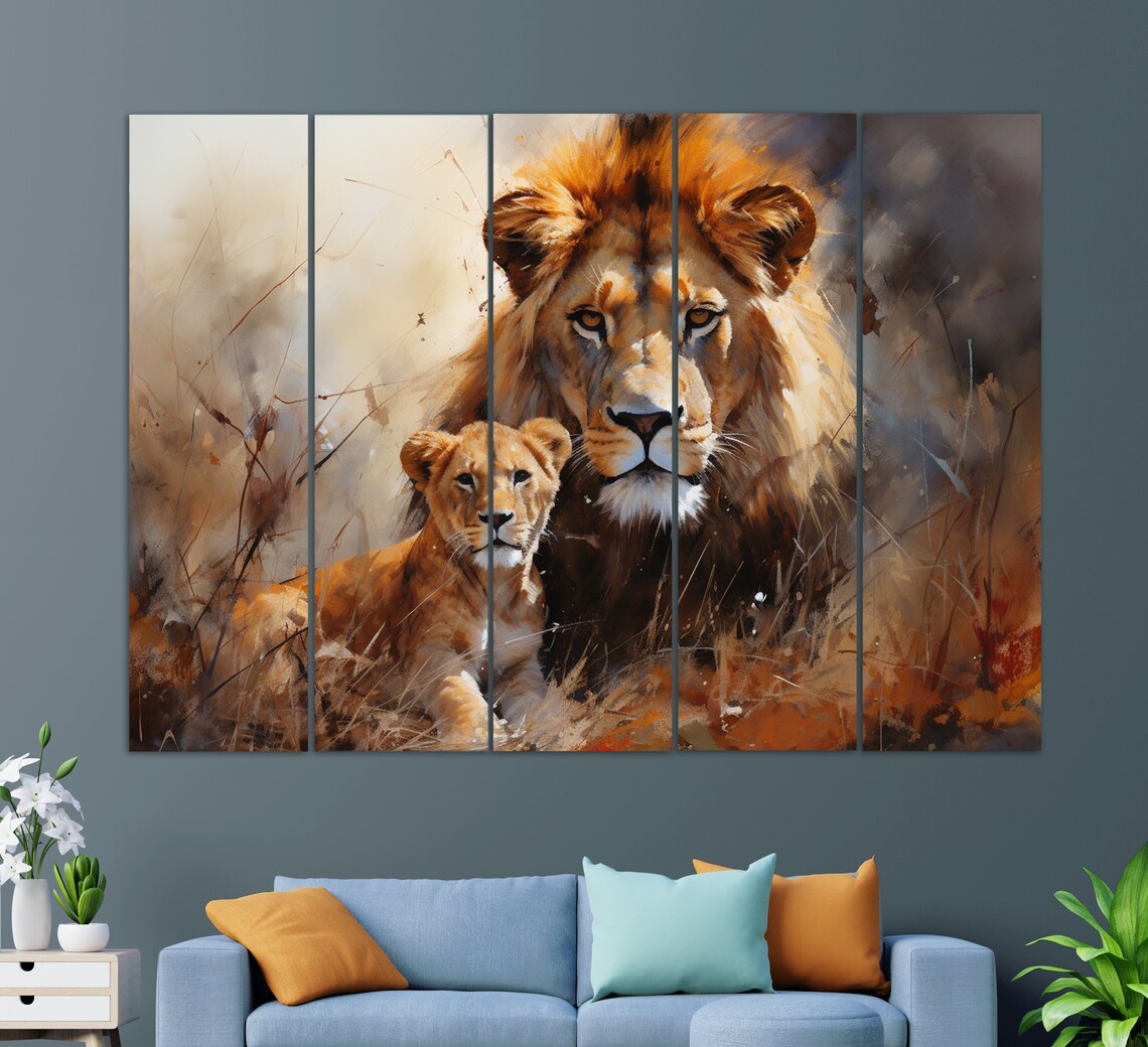 Lion And Cub Watercolor Painting Golden Mane Wild Africa Animal Poster - Image 2