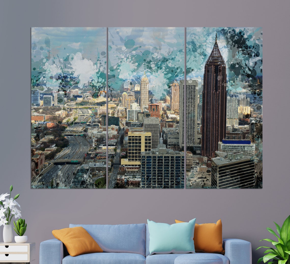 Atlanta Skyline Aerial Three Panel Downtown Watercolor Abstract Poster