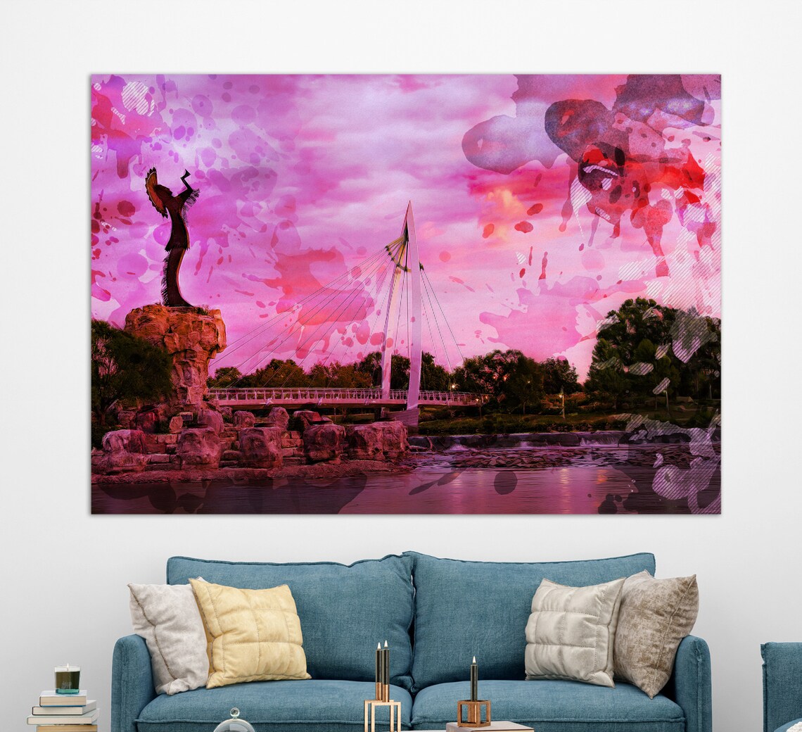 Wichita Kansas Keeper Of The Plains Bridge Pink Sky Triptych Poster - Image 3
