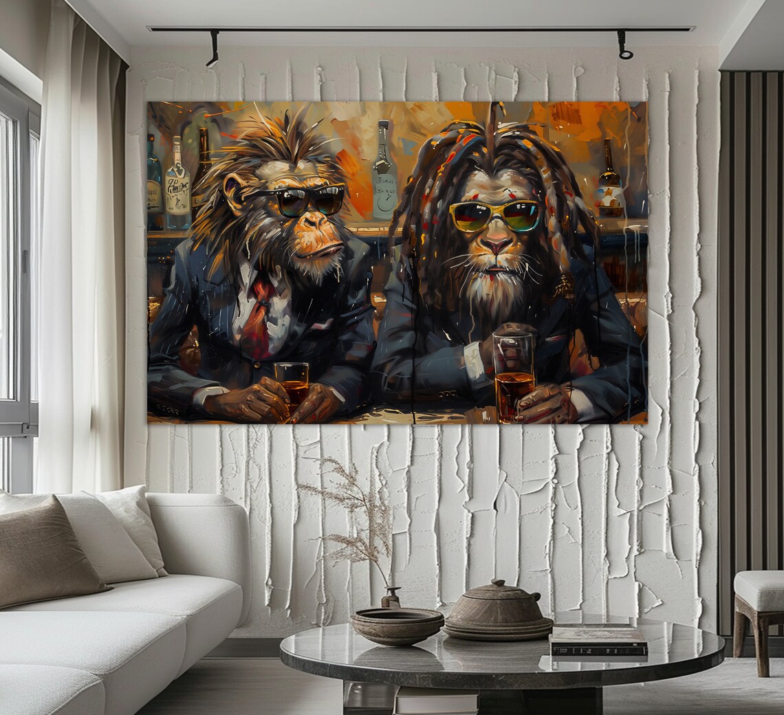 Lion and Monkey in Sunglasses Drinking Beer Funny Animals Painting Poster