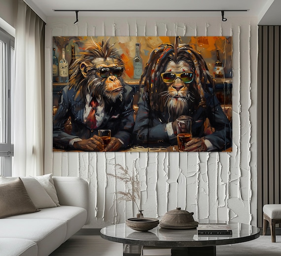 Lion and Monkey in Sunglasses Drinking Beer Funny Animals Painting Poster