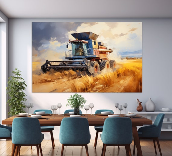 Harvester On The Field Print Farmhouse Wall Art Field Painting Farm Wall Decor Harvesting Wall Art Harvesting Art