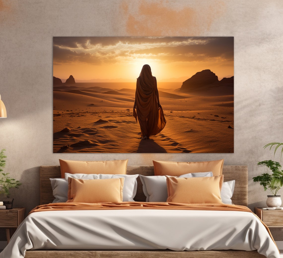 Arab Woman In Desert On Sunset Print Desert Painting Islam Wall Art
