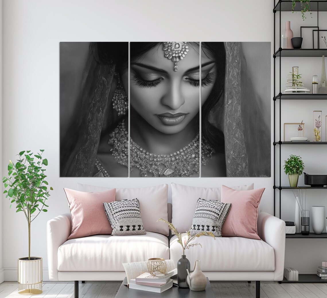 Beautiful Indian Bride Portrait Red Veil Jewelry Painting Art Print - Image 2