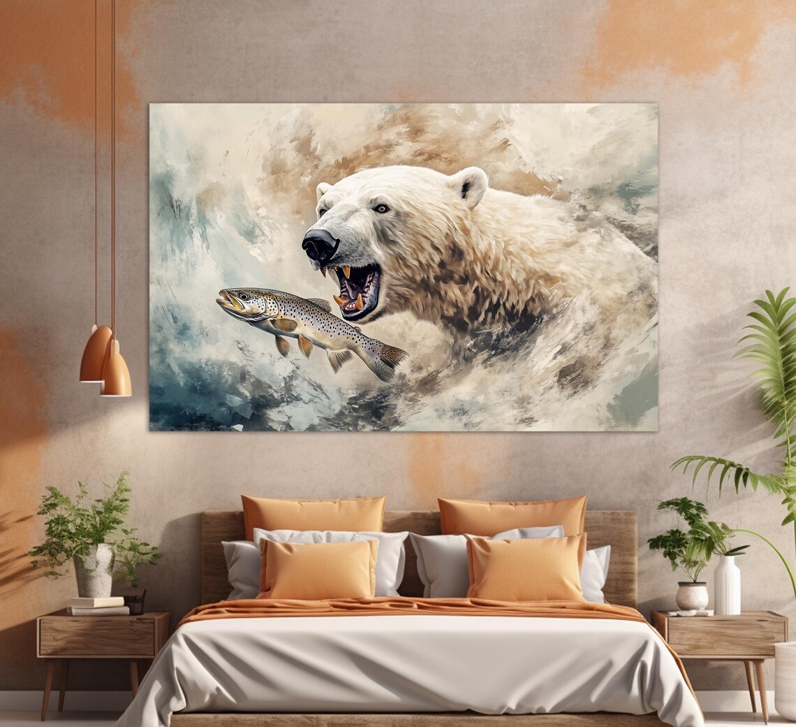 Polar Bear Catching Fish Wild Arctic Hunting Scene Animal Wall Art - Image 3