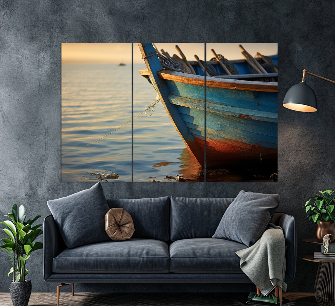Old Blue Wooden Fishing Boat On Calm Sea Sunset Coastal Photo Poster - Image 2