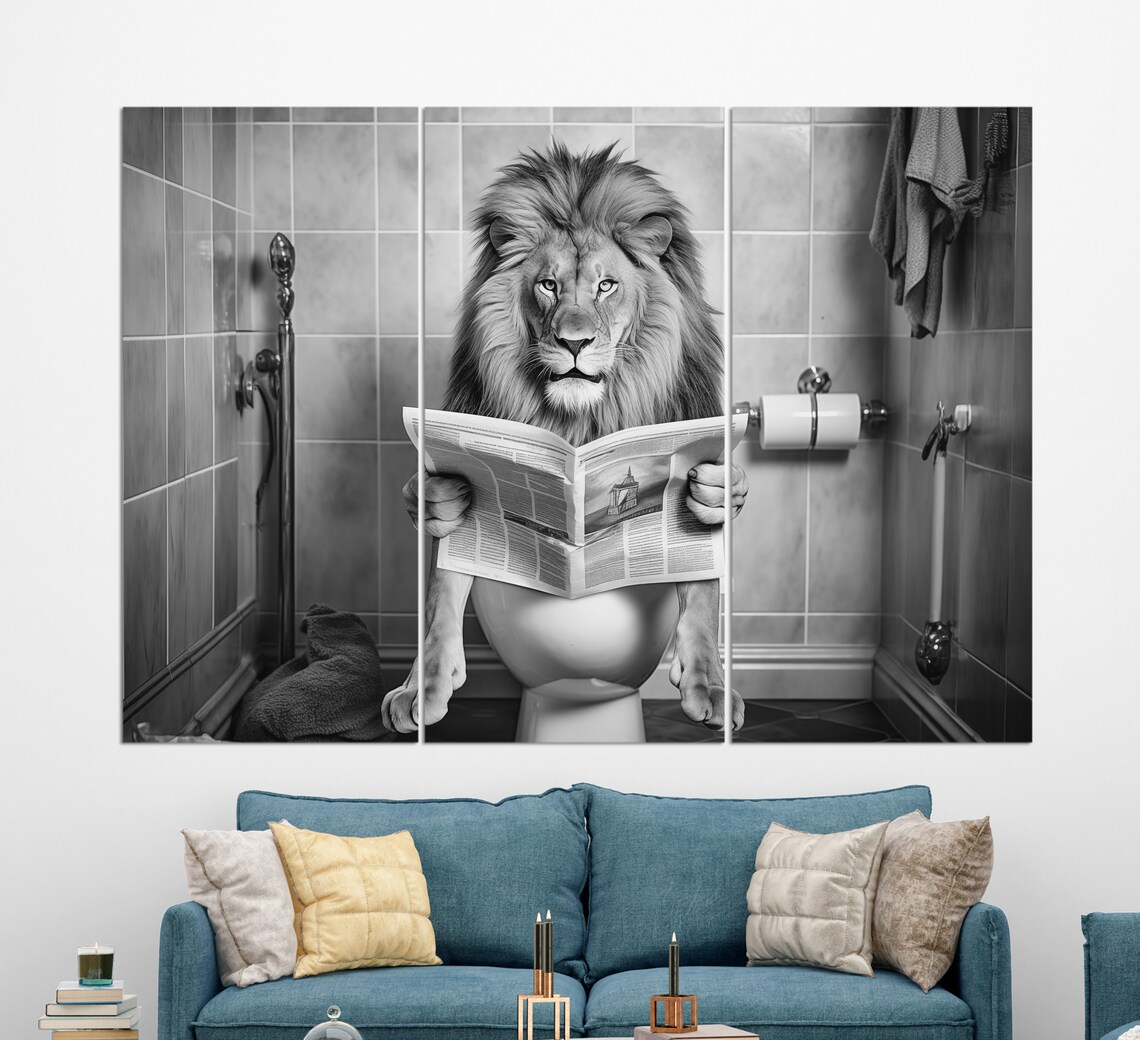 Funny Lion Reading Newspaper on Toilet Sepia Bathroom Humor Wall Art Print - Image 2