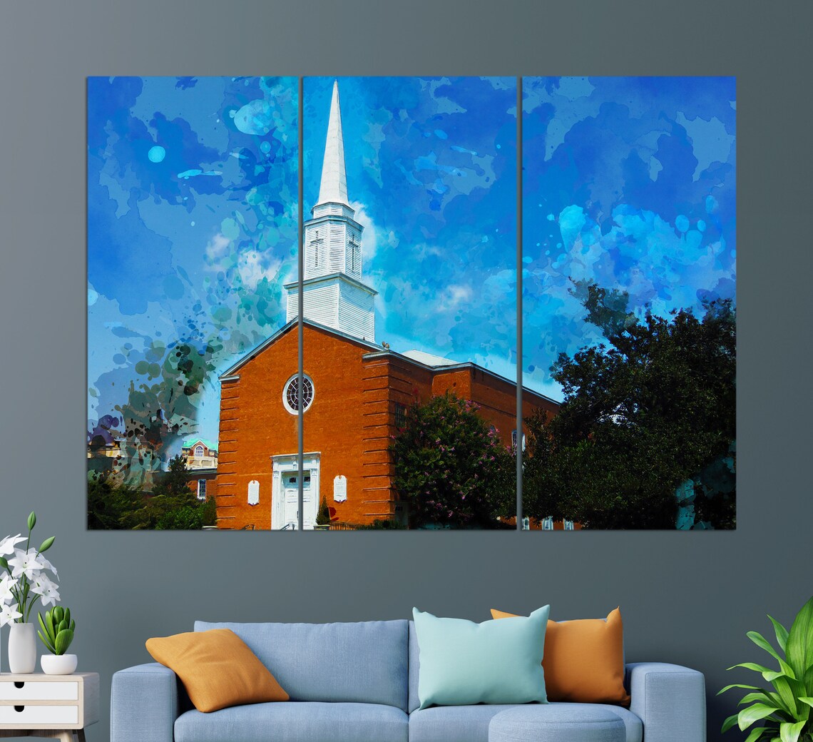 First Presbyterian Church Arlington Brick Steeple Blue Sky Painting Poster - Image 3