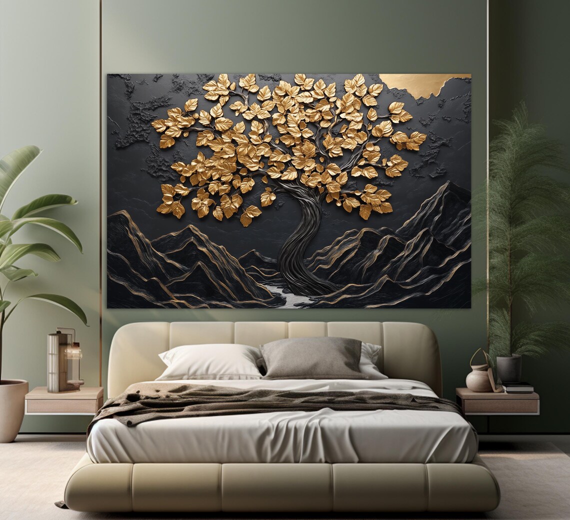 Golden Tree Of Life On Black Background Luxury 3D Textured Art Poster - Image 4