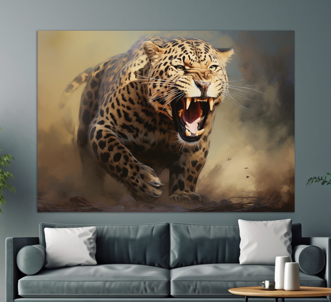 Roaring Leopard Lunging Golden Dust Dramatic Big Cat Wildlife Art Poster - Image 2