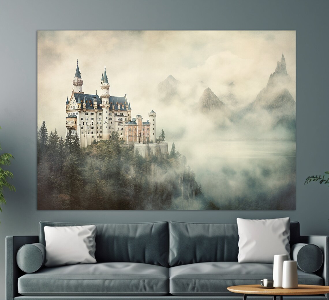 Misty Neuschwanstein Castle Painting, Germany Travel Poster