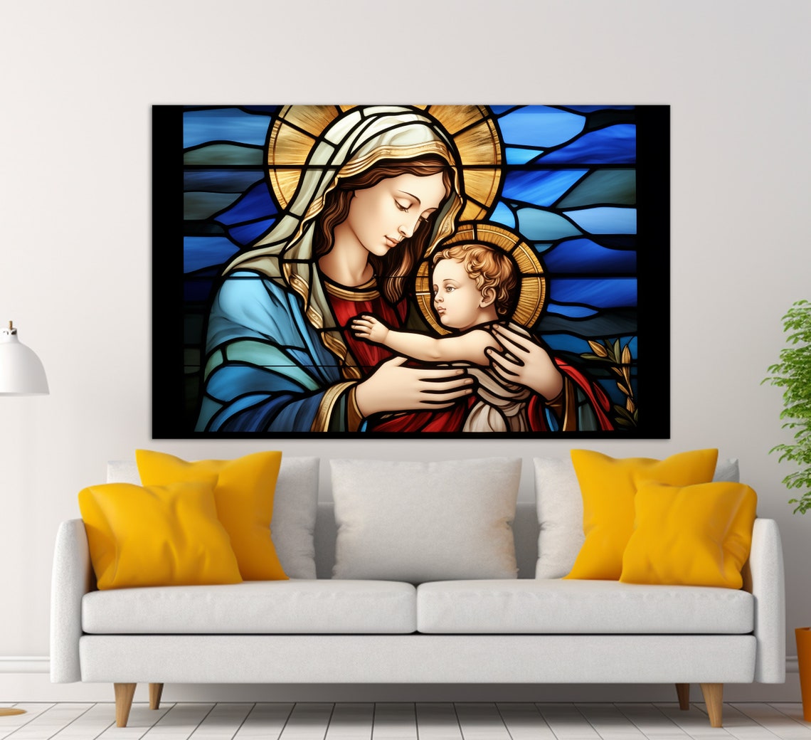 Mary And Baby Jesus Print Mary And Baby Jesus Painting Religious Wall Art Stained Glass Style Wall Art Christian Painting - Image 4