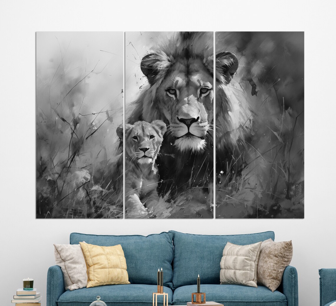 Lion And Cub Watercolor Painting Golden Mane Wild Africa Animal Poster - Image 3