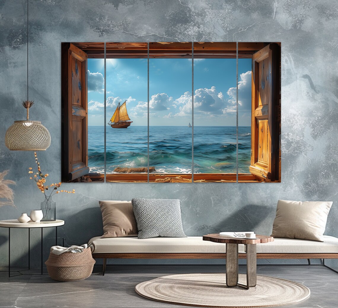 Open Window With Ocean Beach View, Modern Art Print - Image 2