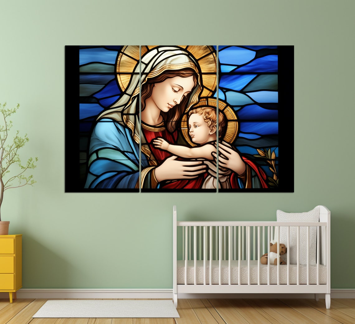 Mary And Baby Jesus Print Mary And Baby Jesus Painting Religious Wall Art Stained Glass Style Wall Art Christian Painting - Image 3