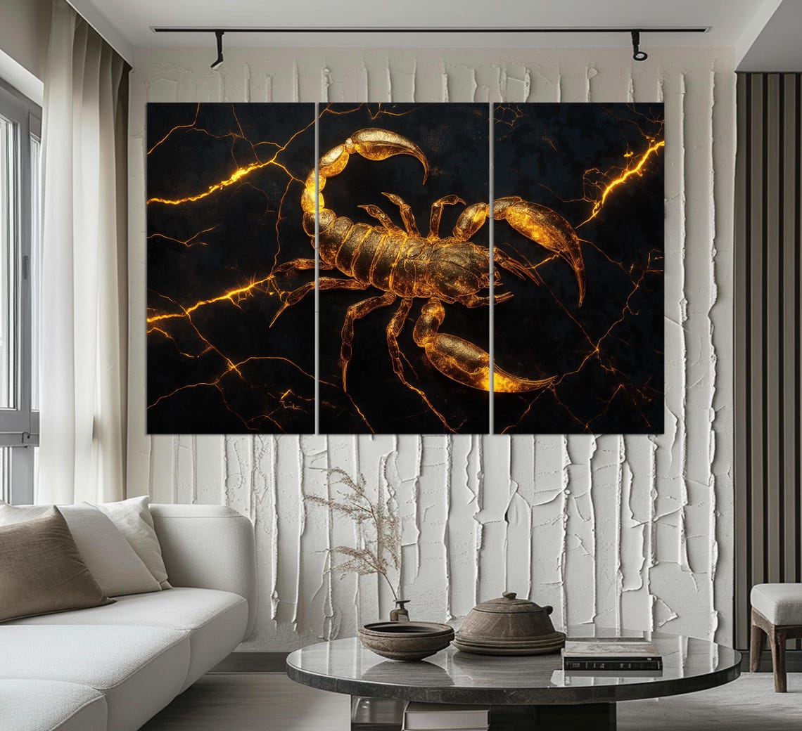 Golden Scorpio Scorpion On Black Marble Lightning Zodiac Sign Wall Art - Image 3