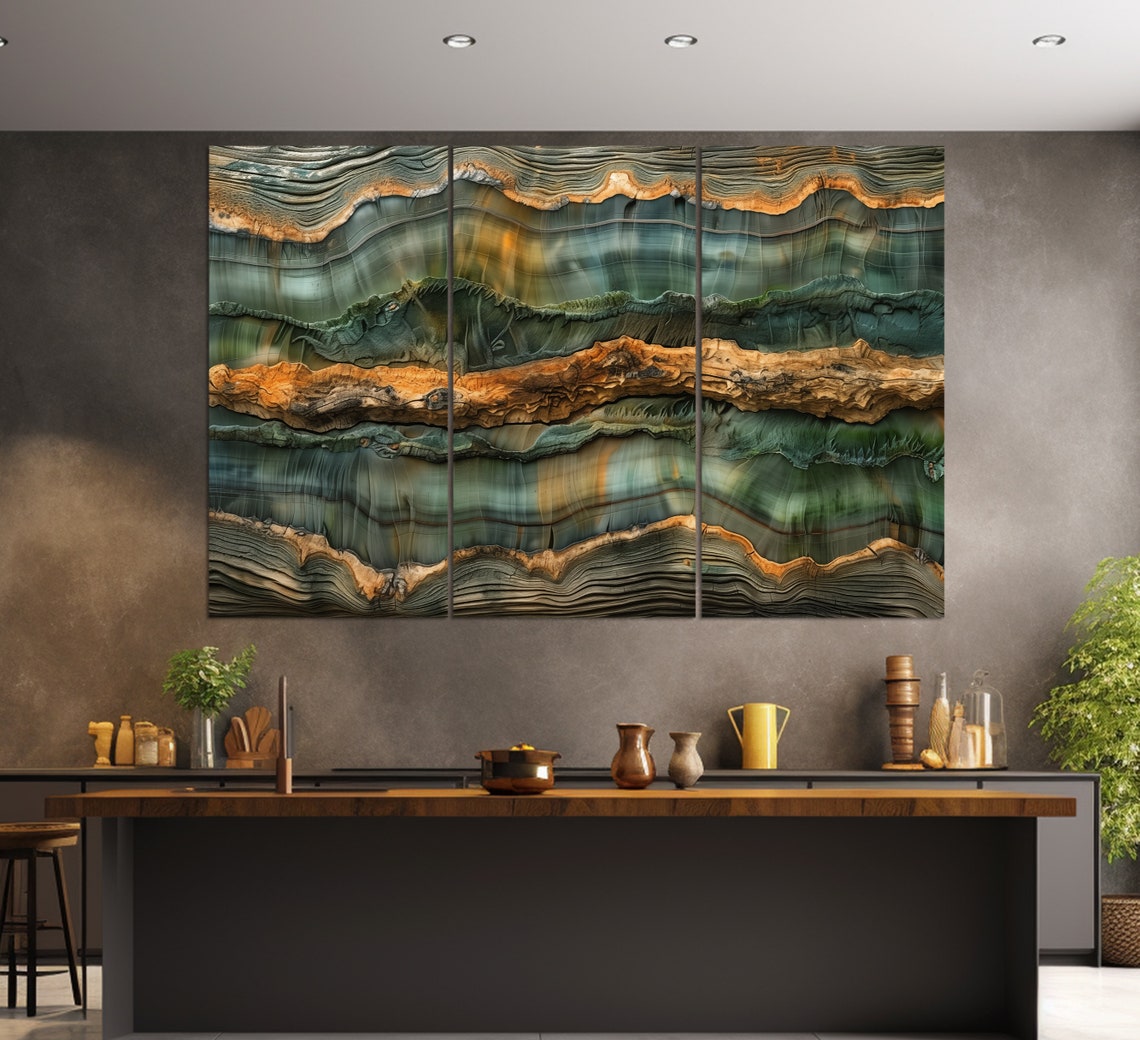 Luxury Abstract Agate Stone Bands Teal Amber Gold Modern Wall Art - Image 3