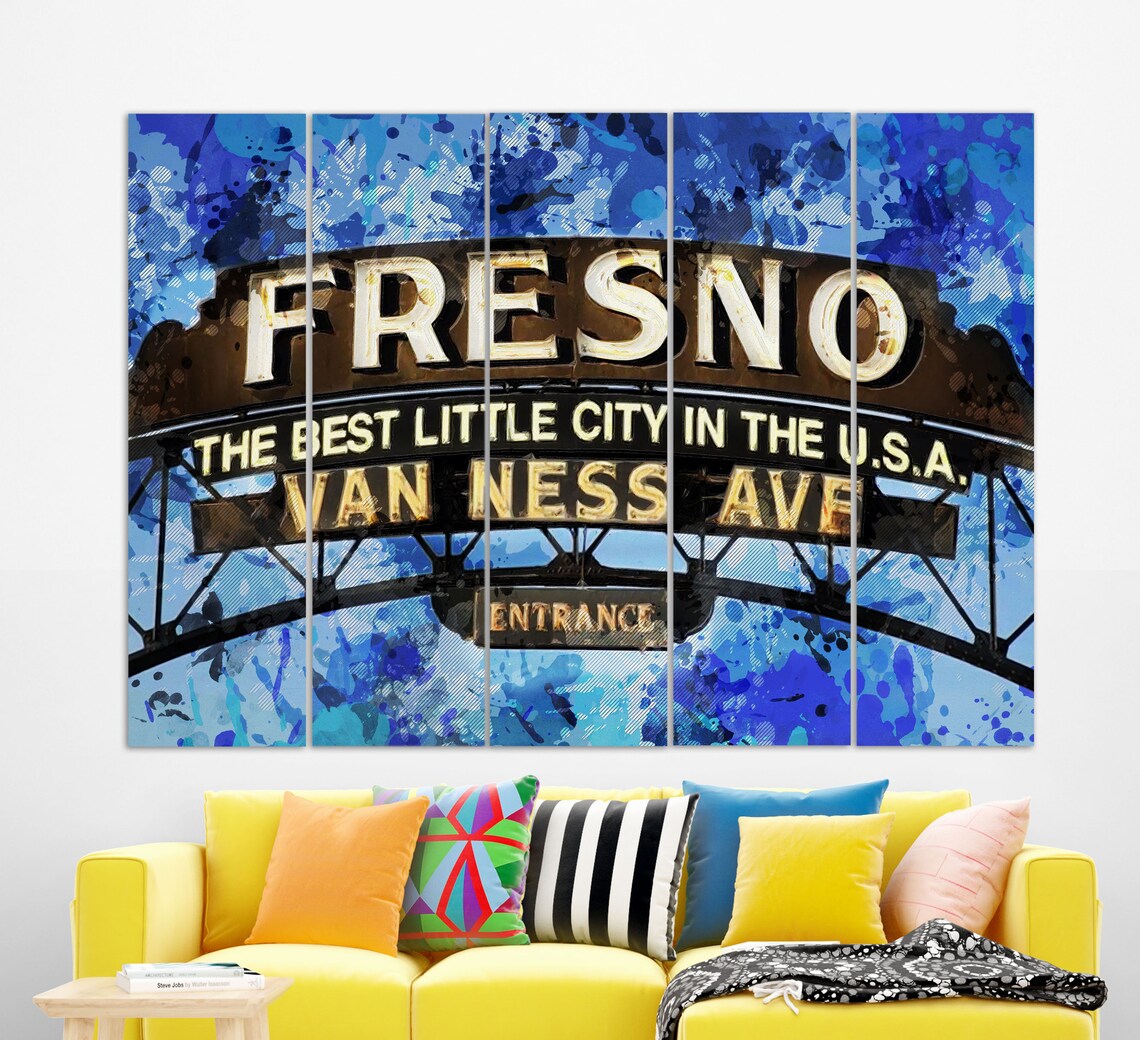 Fresno Van Ness Avenue Entrance Arch Sign Blue Splash Poster - Image 2
