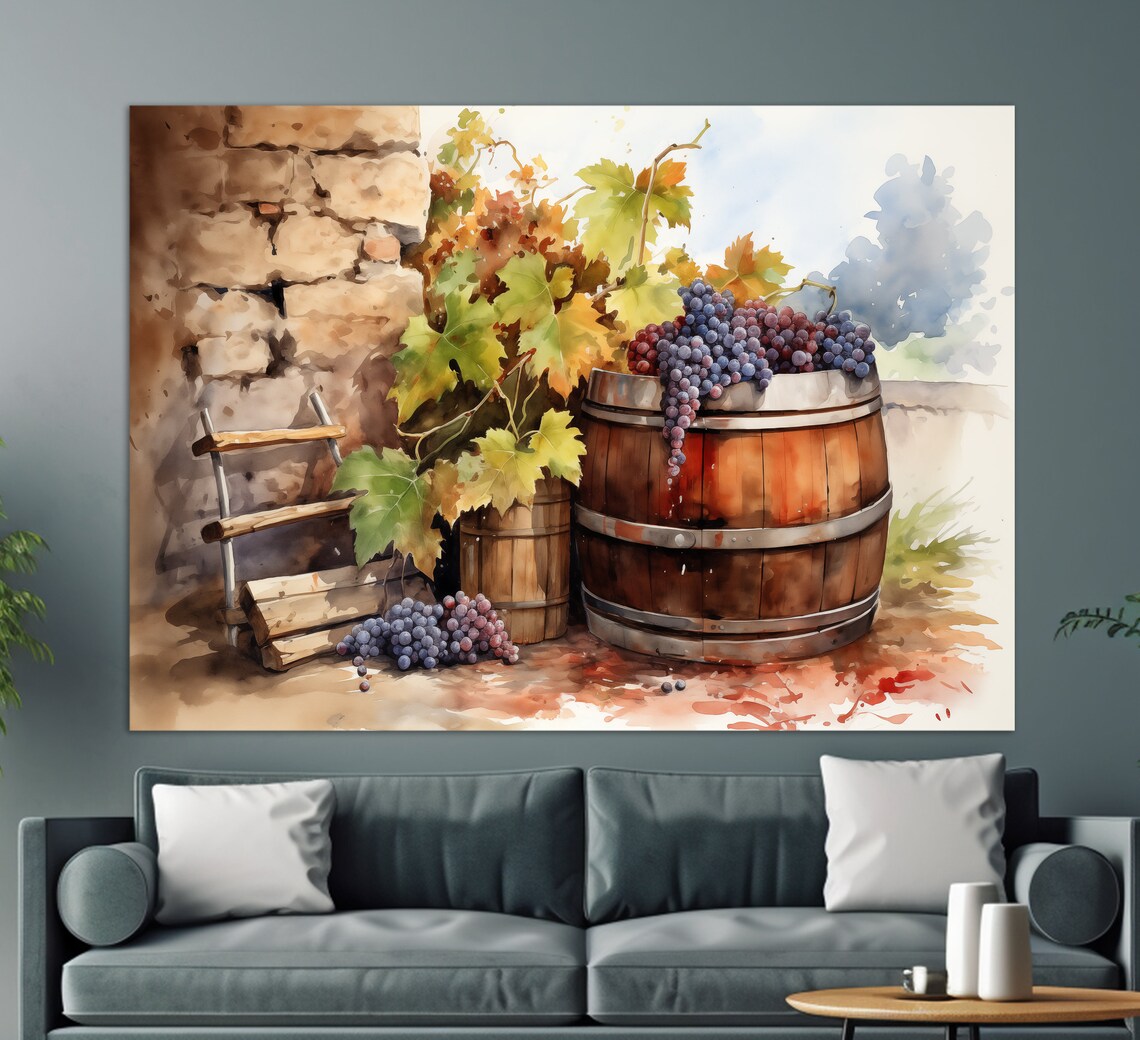 Wine Barrel Grapes Watercolor Winery Kitchen Rustic Vineyard Art Poster