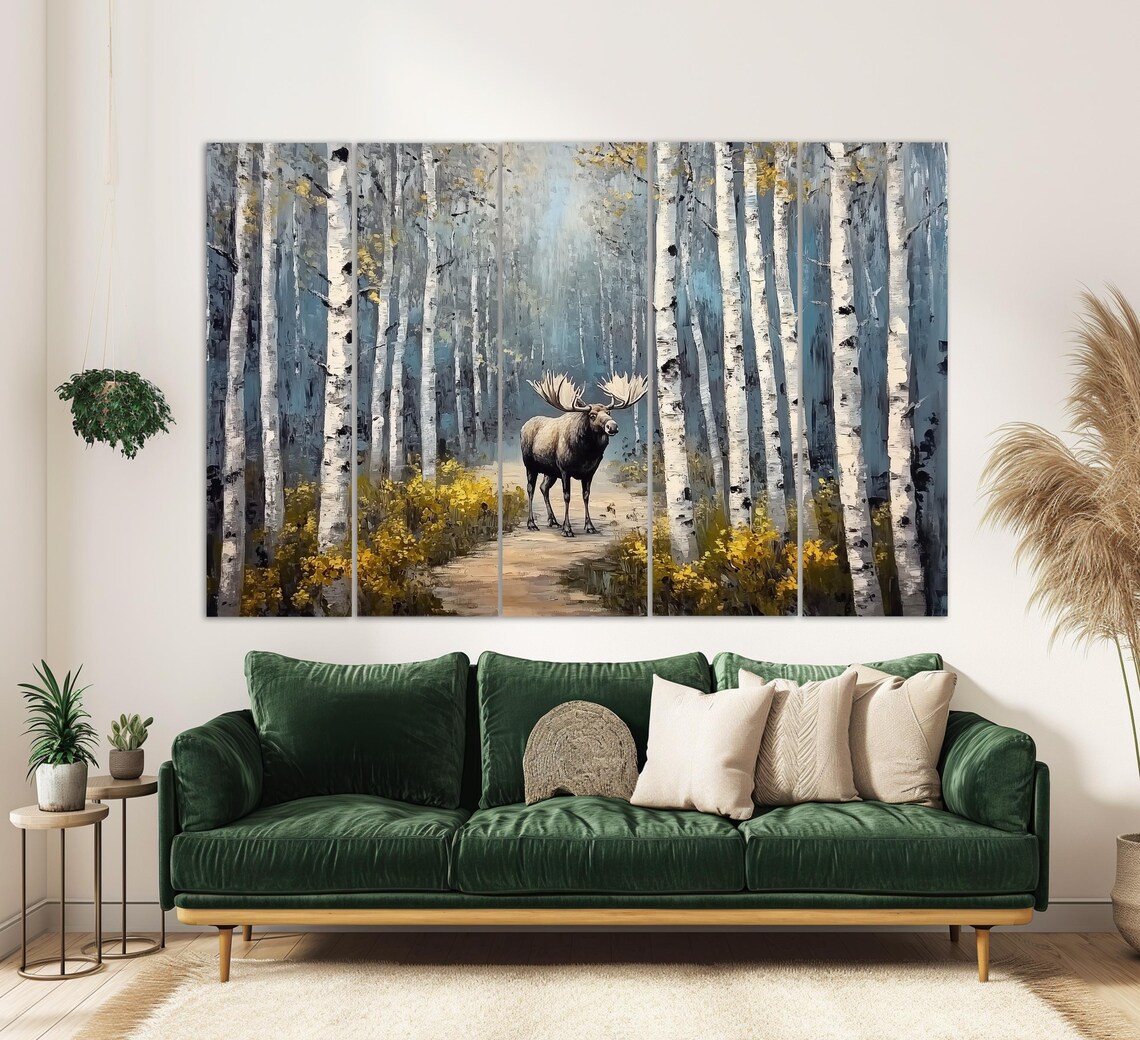 Majestic Moose In Misty Birch Forest Autumn Painted Wildlife Wall Poster