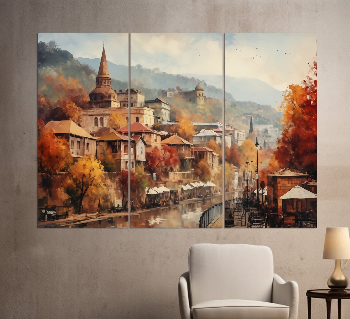 Misty Autumn River Town Church Spire Golden Foliage Painting Poster - Image 3