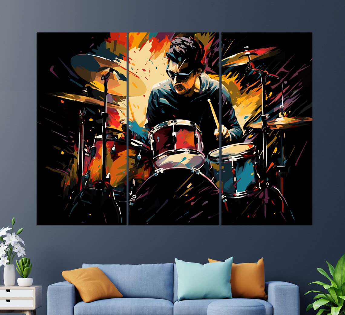 Colorful Pop Art Drummer Playing Drums Rock Music Energy Painting Poster - Image 3