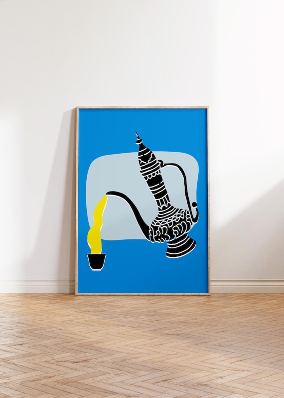 Bold Arabic Coffee Dallah Pouring Blue Pop Art Modern Kitchen Wall Poster