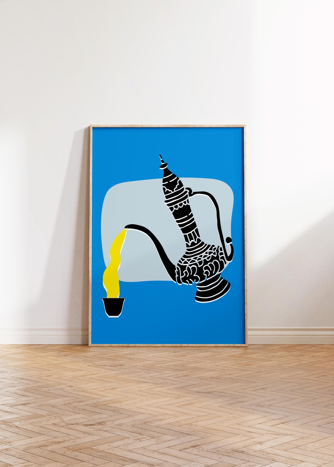 Bold Arabic Coffee Dallah Pouring Blue Pop Art Modern Kitchen Wall Poster
