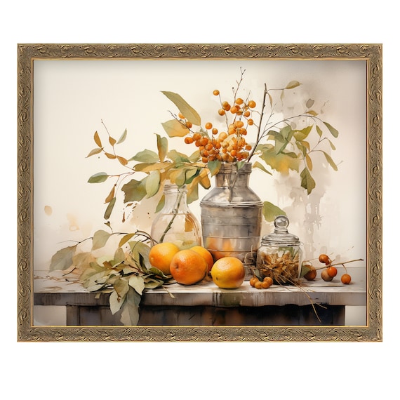 Autumn Still Life Oranges Berries Vase Watercolor Vintage Botanical Poster