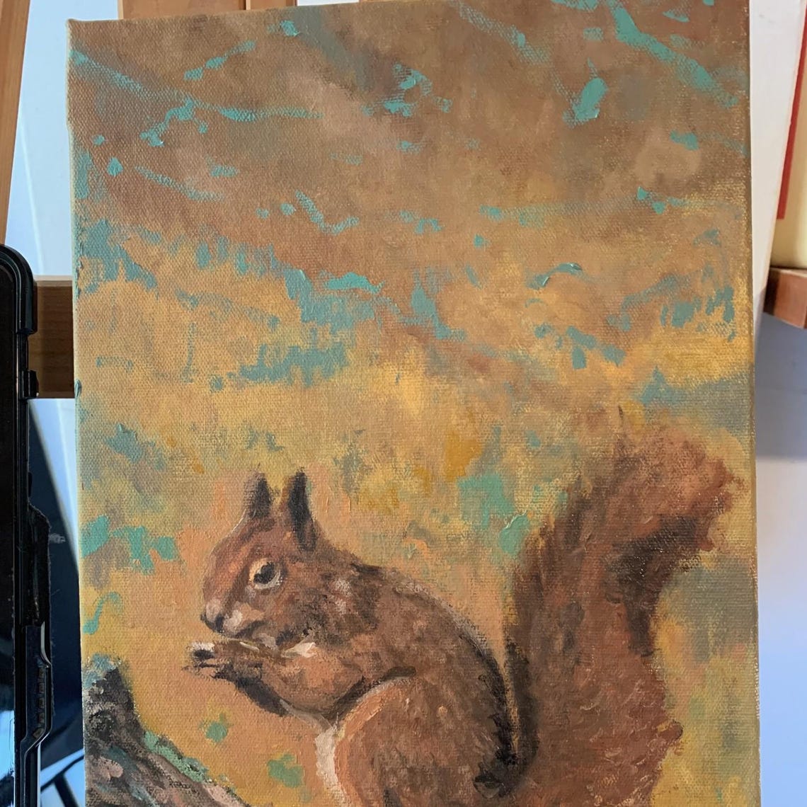 Red Squirrel Perched on Branch Wildlife Oil Painting Nature Wall Art