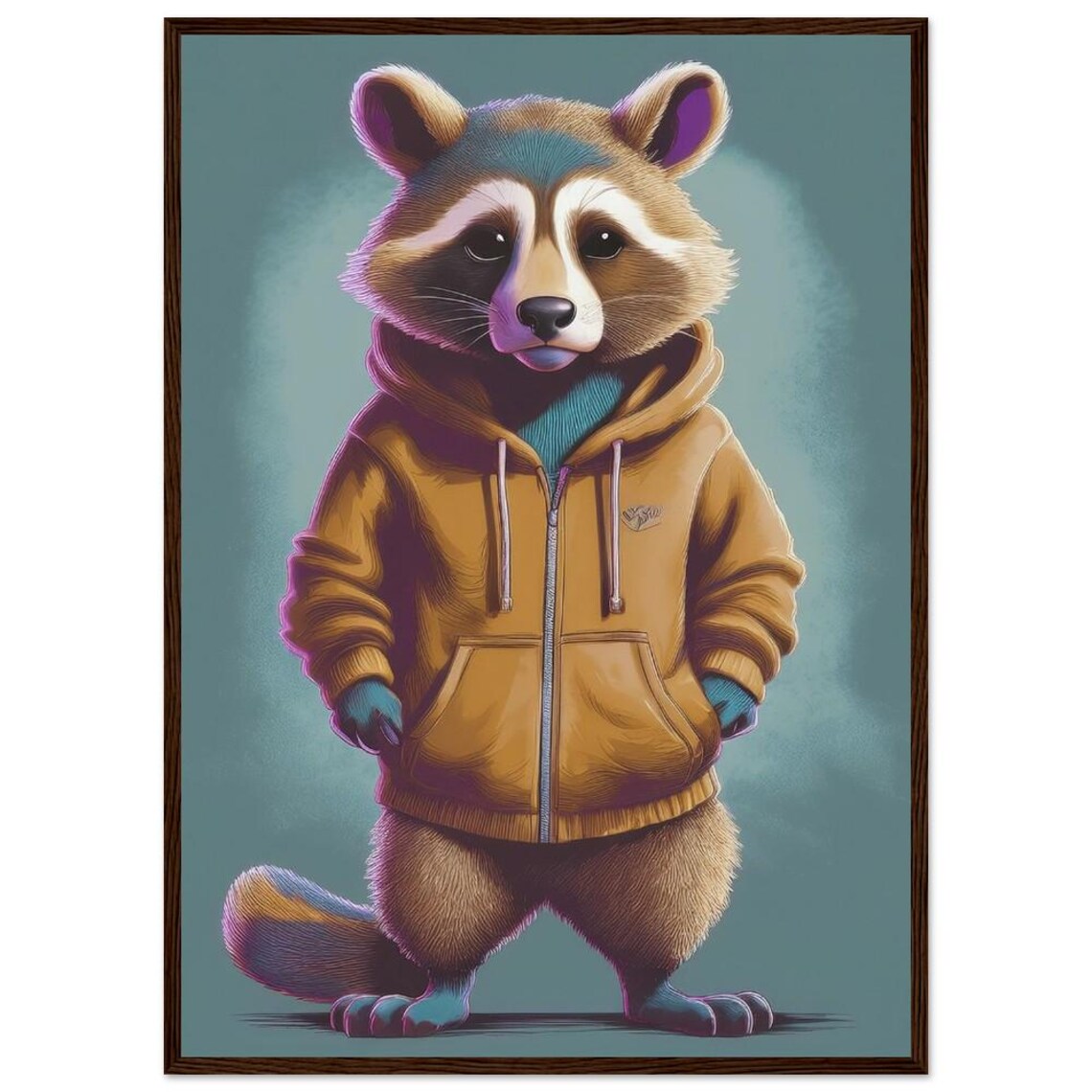 Cool Raccoon in Mustard Zip Hoodie Funny Illustrated Animal Poster - Image 2