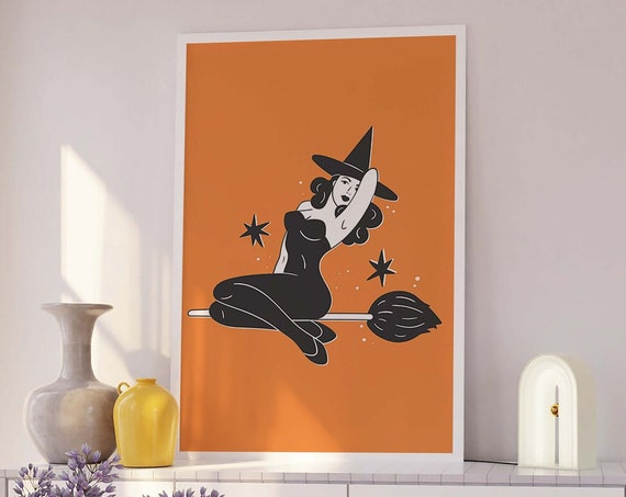 Witch Pinup Print Art Cute Orange Halloween Wall Decor Trendy Halloween Wall Art Spooky Season Poster