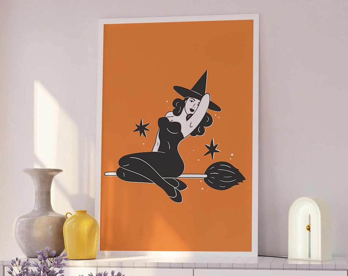 Pin Up Witch Riding Broom Orange Cute Retro Halloween Art Poster