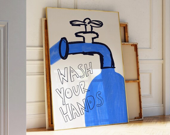 Wash Your Hands Print Cute Bathroom Print Hand Drawn Sketch Mid Century Trendy Bathroom Poster Trendy Blue Print Typography Print