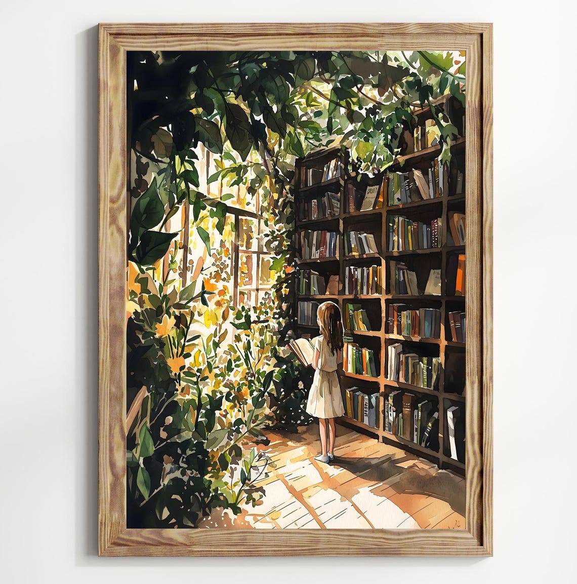 Girl Reading Bookshelf Greenhouse Sunlight Leafy Corner Art Poster - Image 2
