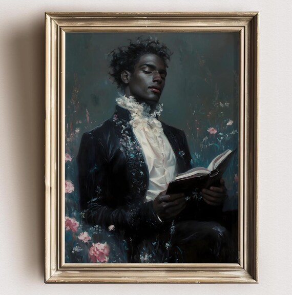 Black Victorian Gentleman Reading Book Pink Flower Field Dark Academia Poster