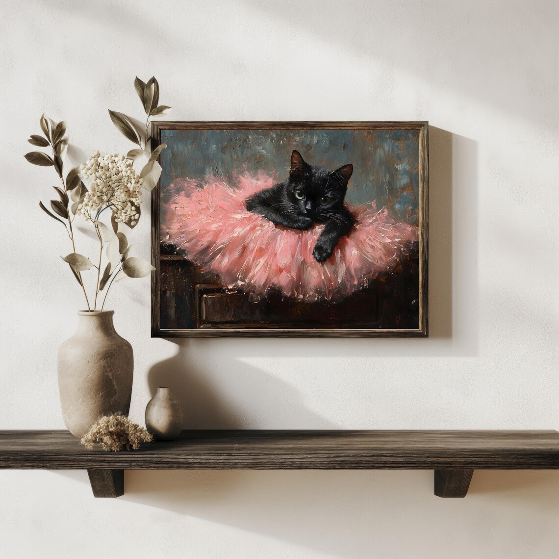 Black Cat In Pink Tutu Ballerina Vintage Oil Painting Art Print - Image 2