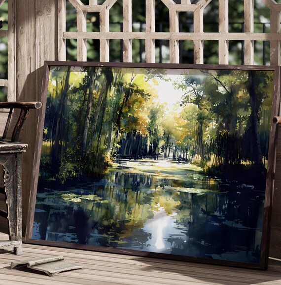 Moody Crystal River Painting Florida Art Print Forest River Watercolor Landscape Florida Wall Art Aquarell Landscape Florida Wetlands
