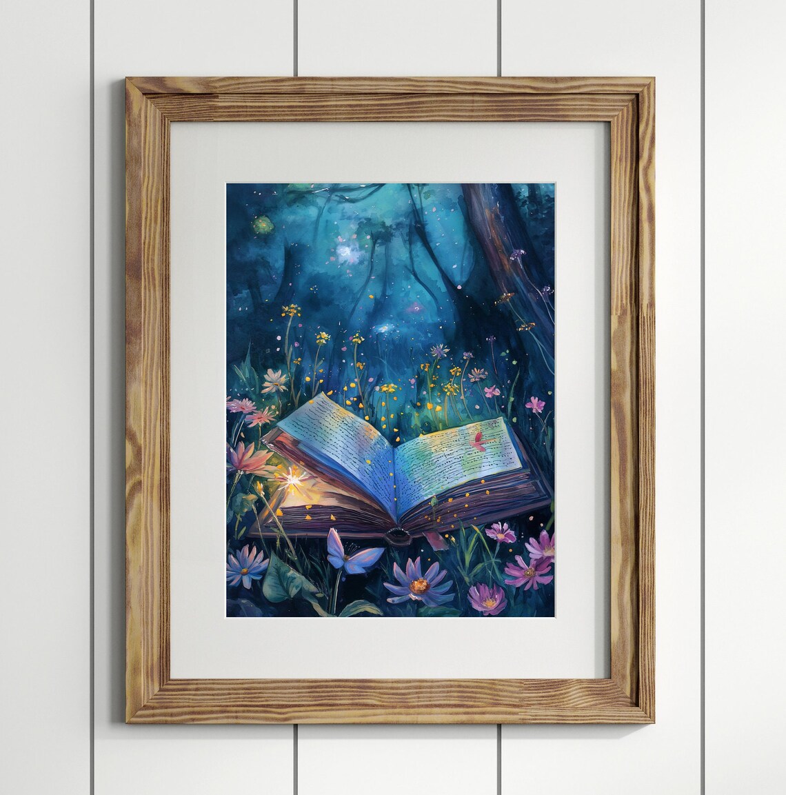 Glowing Magic Book In Enchanted Night Forest Wildflowers Dark Academia Art Poster - Image 3