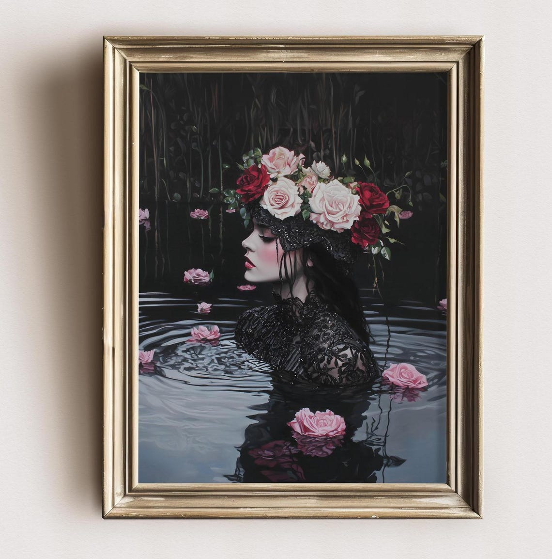 Ophelia Floating Dark Water Roses Black Lace Gothic Romance Art Poster - Image 2